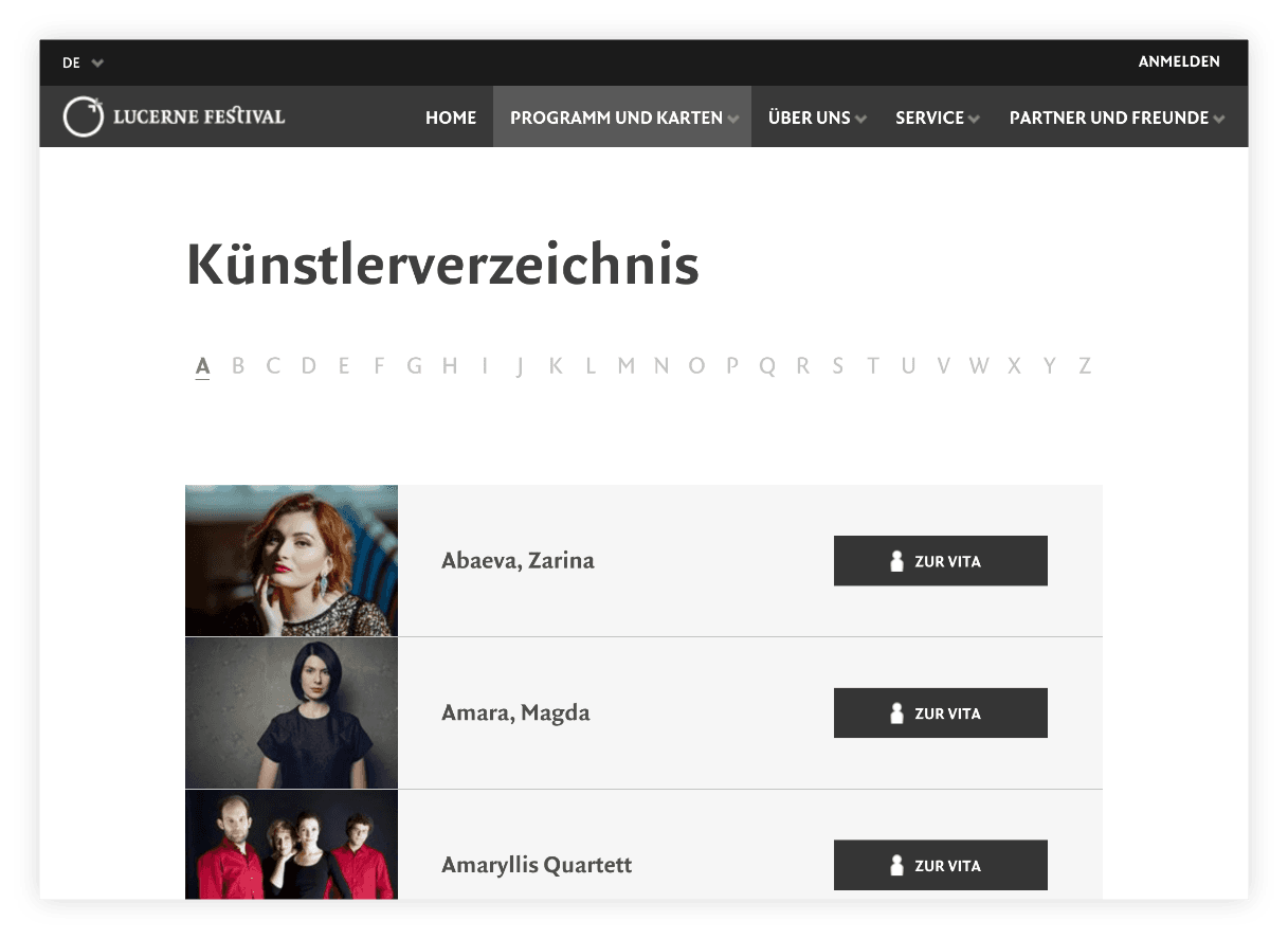Künstlerverzeichnis – Lucerne Festival | Design, Mobile-First, Relaunch, Redesign, User-Experience Workshop, Responsive, Personas-Modellierung, Django, Django Framework, User Centered Design