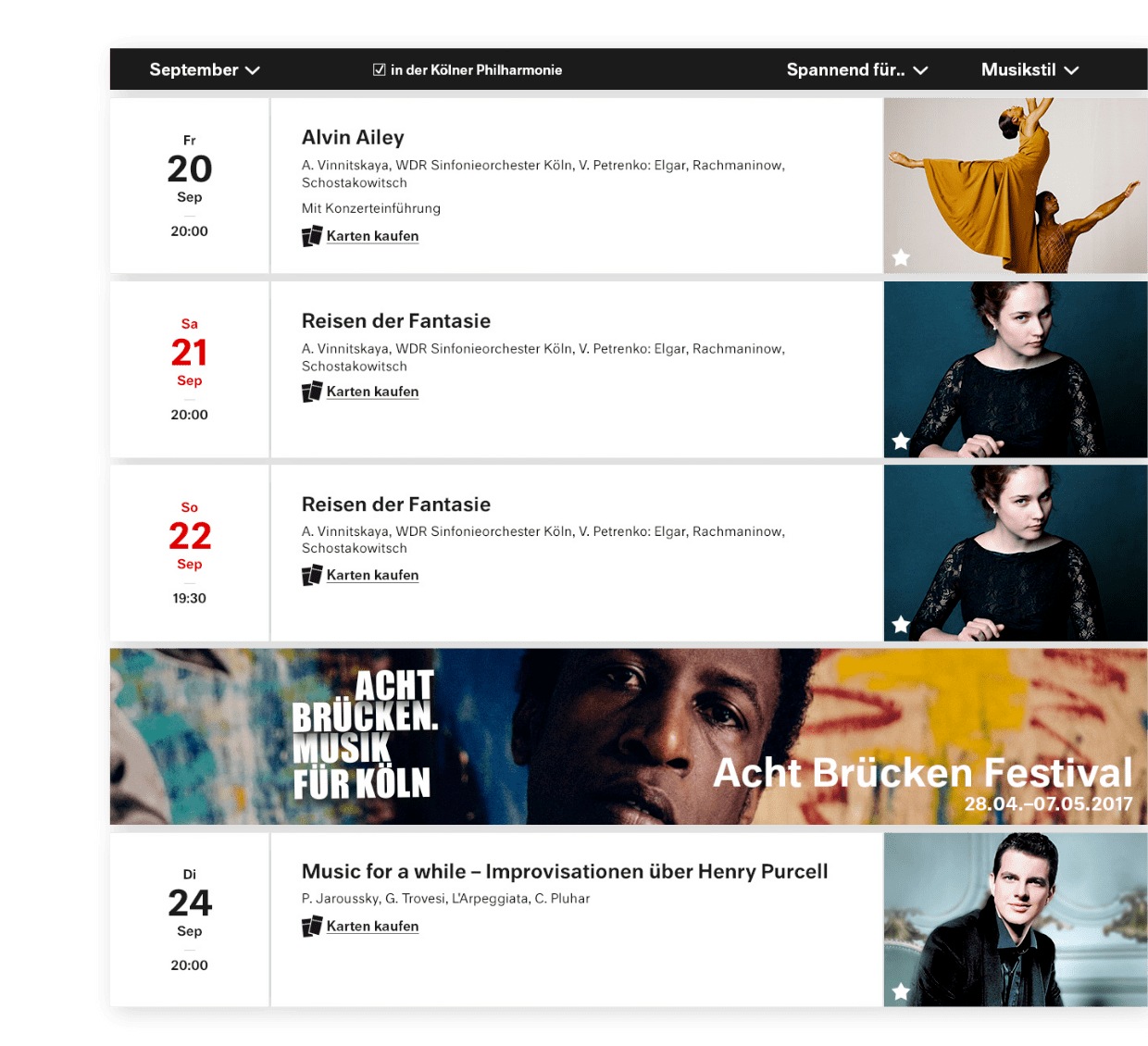 Spielplan Übersicht – Kölner Philharmonie | Django, Django Framework, User Centered Design, Design, Mobile-First, Relaunch, Redesign, User-Experience Workshop, Responsive, Personas-Modellierung