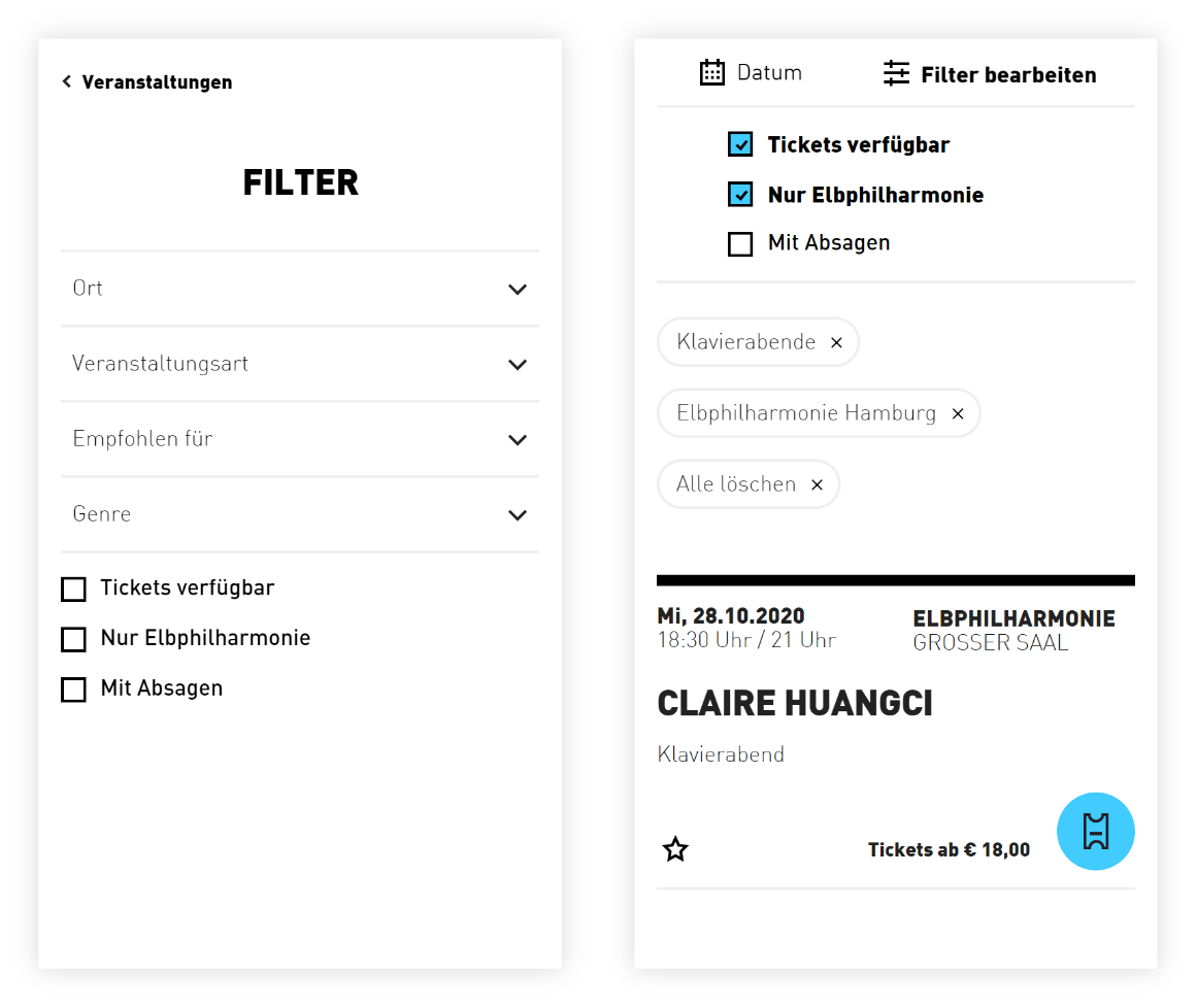 Elbphilharmonie Mobile Veranstaltungsliste mit Filter – MIR MEDIA - Digital Agentur | Django, Django Framework, User Centered Design, Design, User-Experience Workshop, Responsive, CMS, Personas-Modellierung, Mobile-First, Relaunch, Redesign