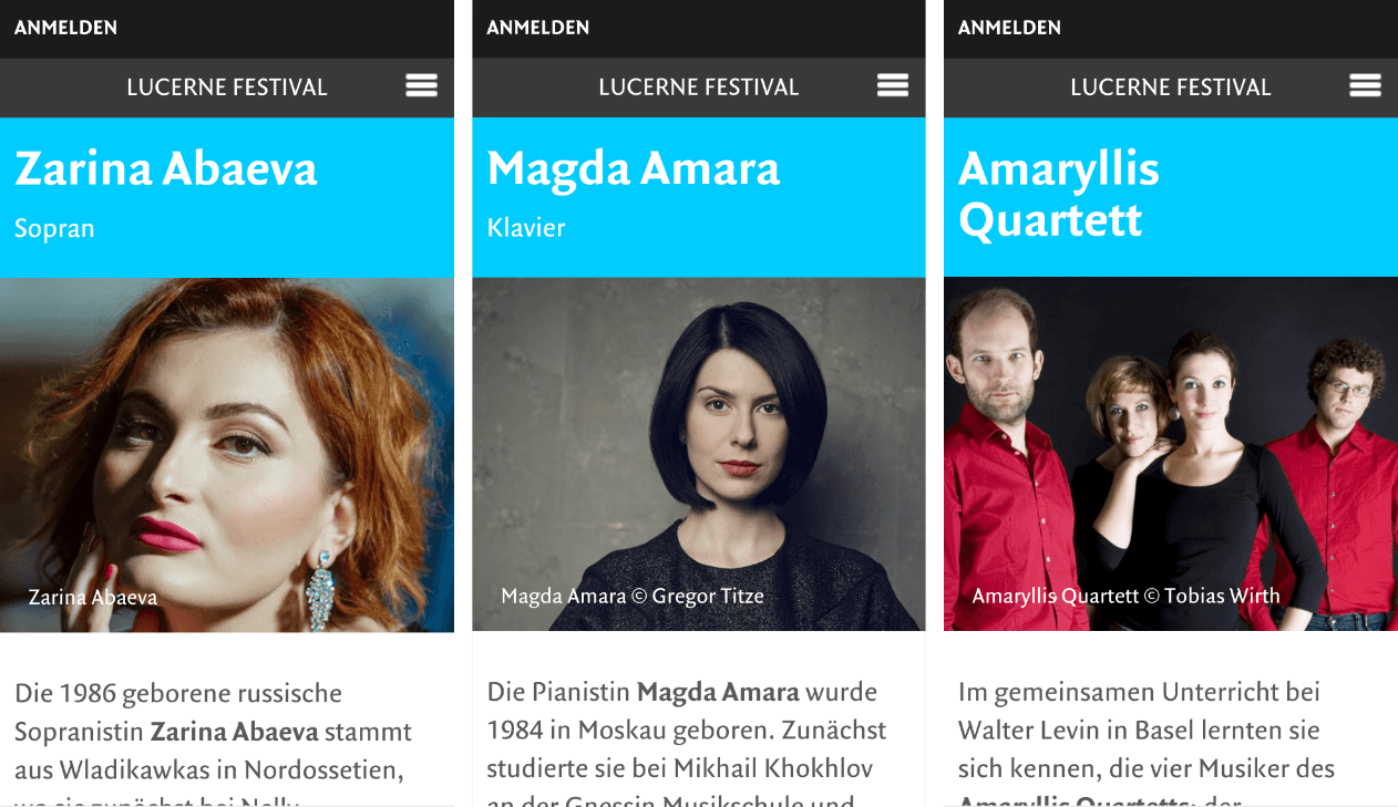 Künstlerprofile – Lucerne Festival | Design, Mobile-First, Relaunch, Redesign, User-Experience Workshop, Responsive, Personas-Modellierung, Django, Django Framework, User Centered Design